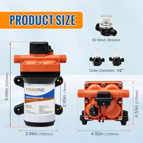 Image of YOUNGTREE 12V RV Water Pump Quiet 3.5GPM 55PSI 12V DC Fresh Water Pressure Pump On Demand Replace#4008-101-A65 /E65 with Pressure Switch for RV Camper Rain Barrel Boat Shower Garden Food Truck