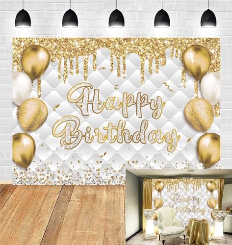 PGSWEER 7x5ft White Gold Birthday Backdrop Glitter Sequins Balloon Diamond Fluid Background Women...