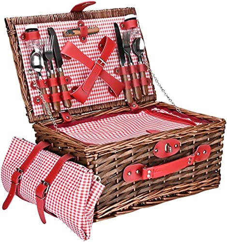 2人用の枝編み細工品ピクニックバスケット、 断熱コンパートメントとカトラリーを備えたウィローハンパーバスケットセット、 手作りの2人用ピクニックバスケット ピクニック、キャンプに最適