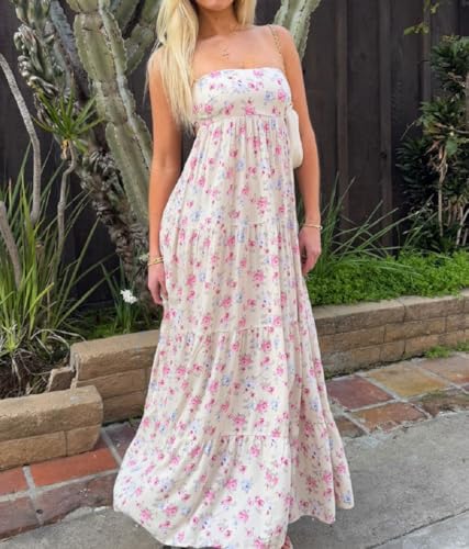 Image of Women Floral Print Maxi Tube Dress Strapless Flowy Long Bandeau Dress Y2K Open Back Sundress Summer Beachwear