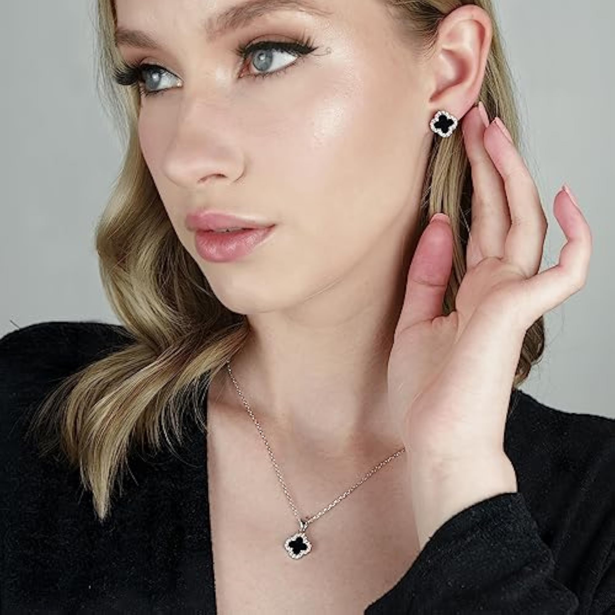 Women's Four Leaf Black Clover Necklace & Earring Set