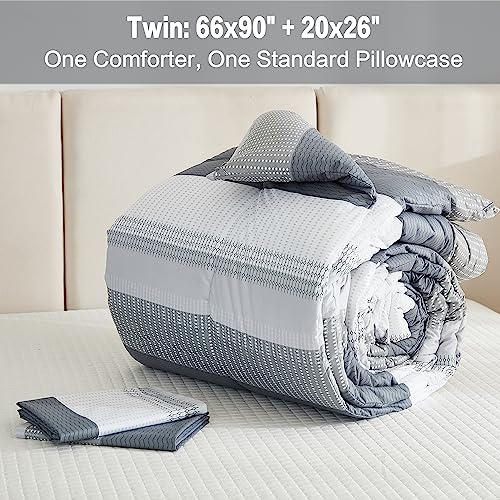 Litanika Twin/Twin XL Comforter Set Dorm Bedding Grey, 2 Pieces Twin Extra Long Comforter & Sets Light Gray White Colorblock Stripe, All Season Bed Set