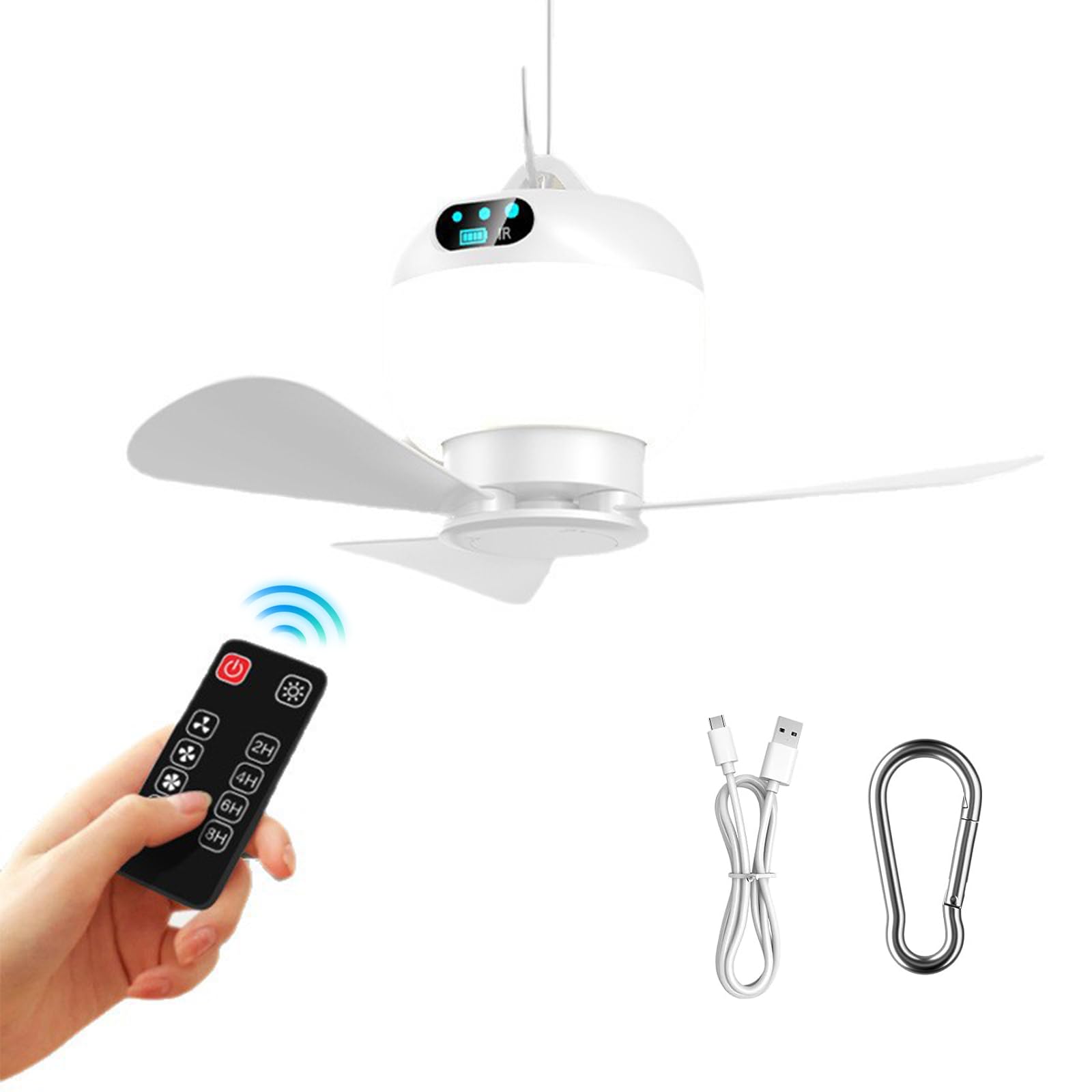 Ventilateur de camping à 3 vitesses avec lampe LED RVB multicolore et crochet de plafond