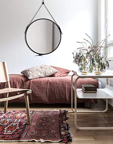 Gurfuy Round Hanging Mirror with PU Leather Strap Hanger Leather Framed Mirror for Home Decor Wall Mounted Large Hanging Mirror for Entryway Bathroom Living Room Bedroom Washroom (Black-20inch) - Image 6