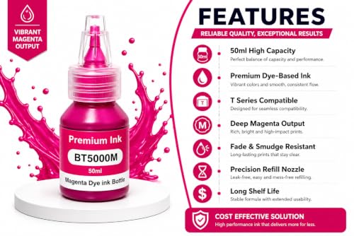 Image of ROHINK Premium Dye Ink Bottles for Brother Printers, T220, T300, T310, T420, T500, T520, T820, T920, T510, T910, T710, T4500W, T800W, T710W - Printer (BTD5000 Magenta Pack 2)