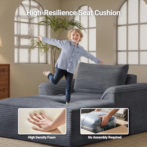 Image of Claiks 68 inch Oversized Chaise Lounge Chair Indoor, Corduroy Upholstered Boneless Sofa Bed, Deep Seat Sleeper Couch with Pillows and Armrest, Cloud Sofas Reading Chair for Living Room, Dark Gray