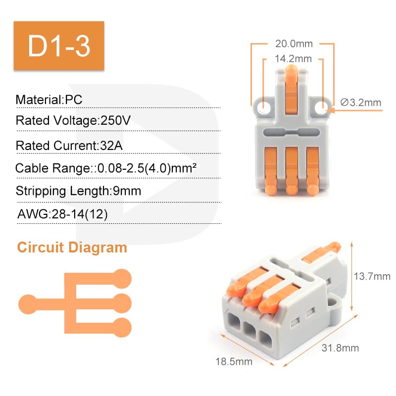 1 in Multiple Out Lever Wire Connectors 28-12 AWG Push-in Compact Splicing Wiring Terminals Quick Disconnects Home Junction Box(D1-3O)