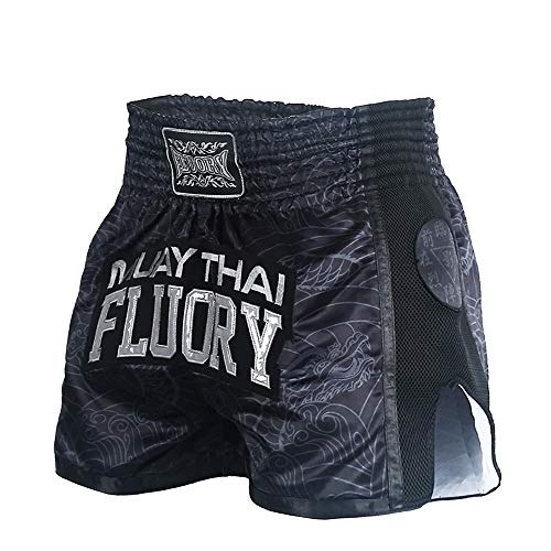 FLUORY Muay Thai Shorts, reißfeste Box-Shorts, MMA Fight Kick Kleidung für Männer Frauen Kinder Kampfsport Training Grappling-Schwarz-mtsf69-M Cover