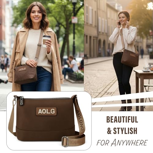 Image of Storite Large Nylon Crossbody Bag for Women, Waterproof Sling with Multi-Compartment & Adjustable Strap - Brown (23x18x10 cm)