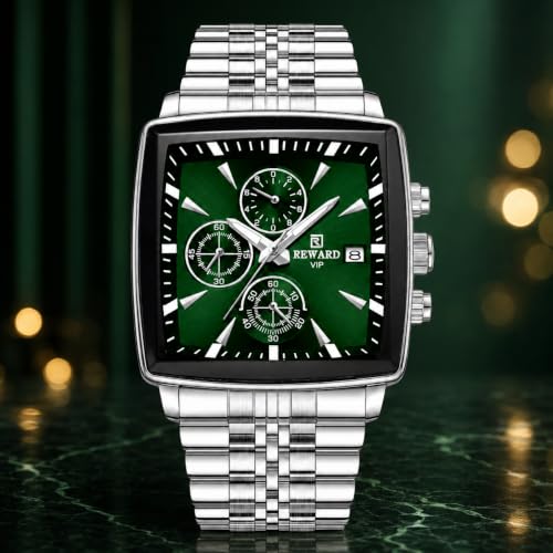 Buy REWARD VIP Men's Analog Quartz Watch with Chronograph & Date Display | 44mm Alloy Case | Blue Silicone Strap | Luminous Hands | Curved Hardlex Glass | 3 ATM Water Resistant | Luxury Sports Wrist Watch for Men (Silver and Green) at Amazon.in - Image 3