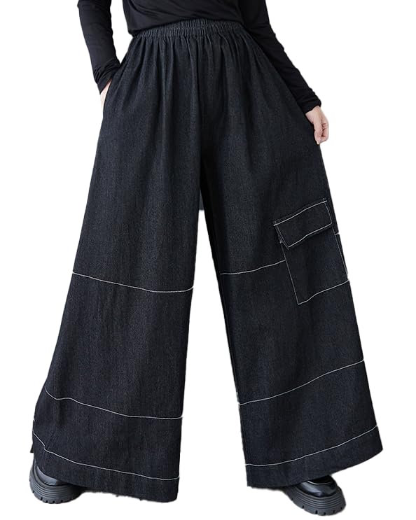 ellazhu Womens Pants Loose Elastic Wide Leg High Waist Vintage Solid Sweatpants Side Pockets GZ649