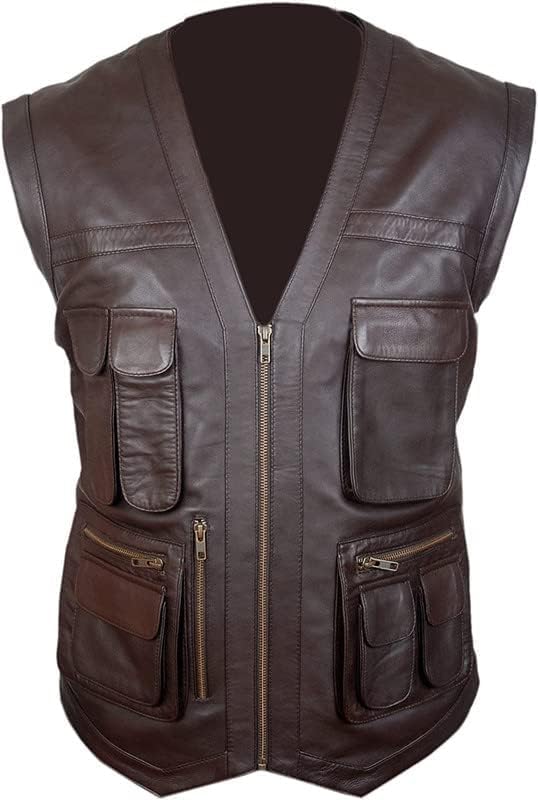 Men's J World's Chris Pratt Owen Grady Brown Vest - JW Adventure Chris Pratt Motorcycle Leather Biker Vest