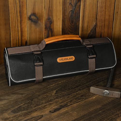 WELKINLAND 18-Pockets Waxed Canvas Tool Roll, Heavy-Duty tool bag roll, Waterproof tool roll up bag, 17