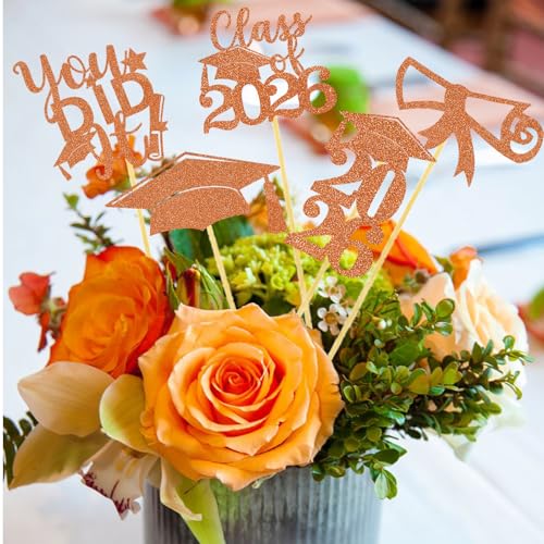 Image of Graduation Centerpiece Sticks 24PCS Glitter Grad Picks Party Table Decor Senior High School College Sign Orange