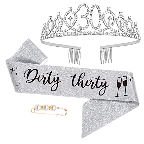 UVATAHONA 30th Birthday Sash Tiara and Party Favors for Her - Dirty Thirty Crown Happy Birthday Decorations and Supplies Silver