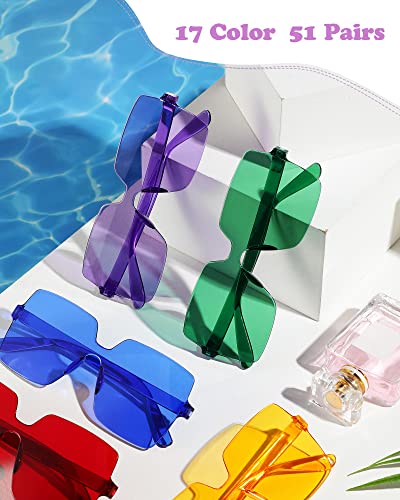Chumia 51 Pack Fun Sunglasses Bulk Adult Party Favors Glasses Colorful Plastic Square Rimless Retro Sunglasses for Women Men Neon Party Candy Color Glasses4