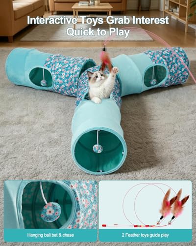 Image of Cat Tunnel, 3 Straight Shaped Tunnels 6 DIY Shapes with Wand Toys, No Noise Scratch Resistant Cool Linen Fabric, Interactive Pet Tunnel Tube for Indoor Cats, Puppy and Rabbits