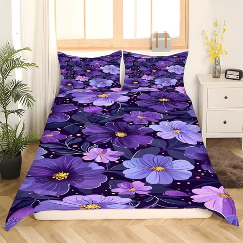 Housse de couette 200x200 peinture à l'huile violette parure de lit fleurs microfibre douce