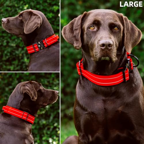 Image of Tuff Pupper Tactical Dog Collar | Heavy Duty 1.5 inch Wide Ballistic Nylon | Training Control Handle | Quick-Release Metal Buckle | Reflective Bands | ID Tag Holder | Padded Inner Lining (Red, Large)