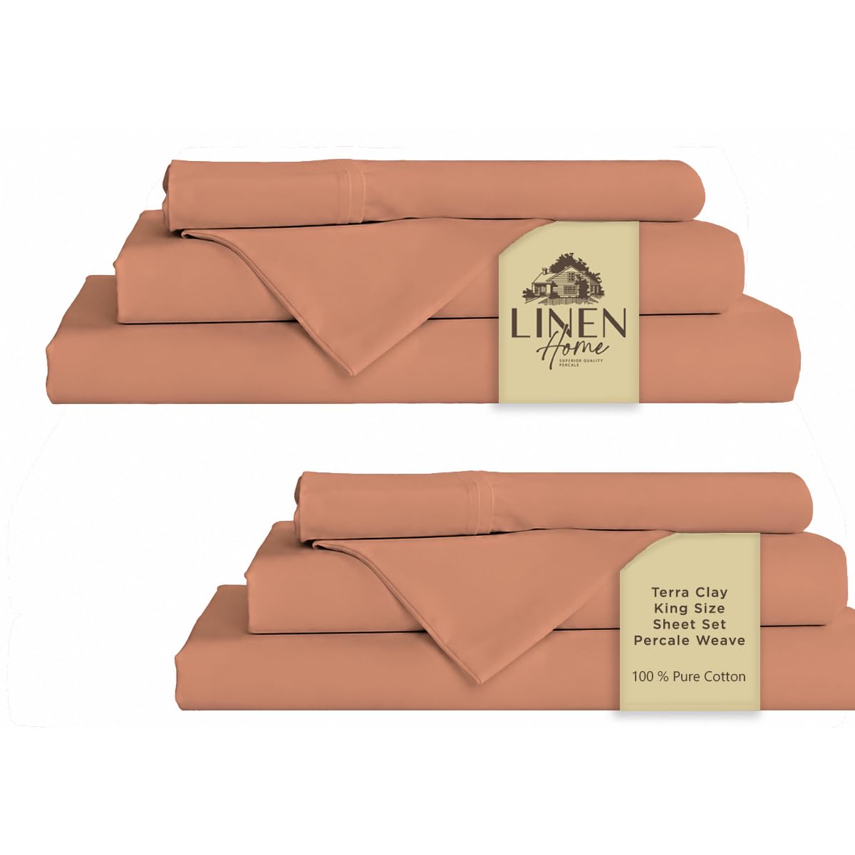 Linen Home 2-Pack King Sheet Set, 100% Cotton Percale Bedding, 8-Piece Value Bundle, Deep Pocket Cooling Bed Sheets for Hot Sleepers, Breathable &amp; Crisp Hotel Quality, Long-Staple Cotton, Tera Clay
