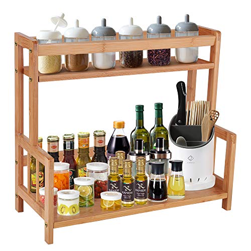 Kitchen Countertop Organizer Bamboo Spice Rack – Coffee Station Organizer Countertop Shelf 2 Tier Storage Stand, Vintage Rustic Wooden Syrup Sauce Jar Bottle Spice Makeup Display Holder