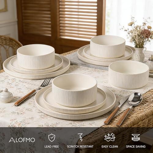 Image of Dinnerware Set Service for 4, 12-Piece Ceramic Plates and Bowls Set, Chip & Scratch Resistant, Microwave and Dishwasher Safe, Modern Minimalist Tableware for Everyday Use, Matte White
