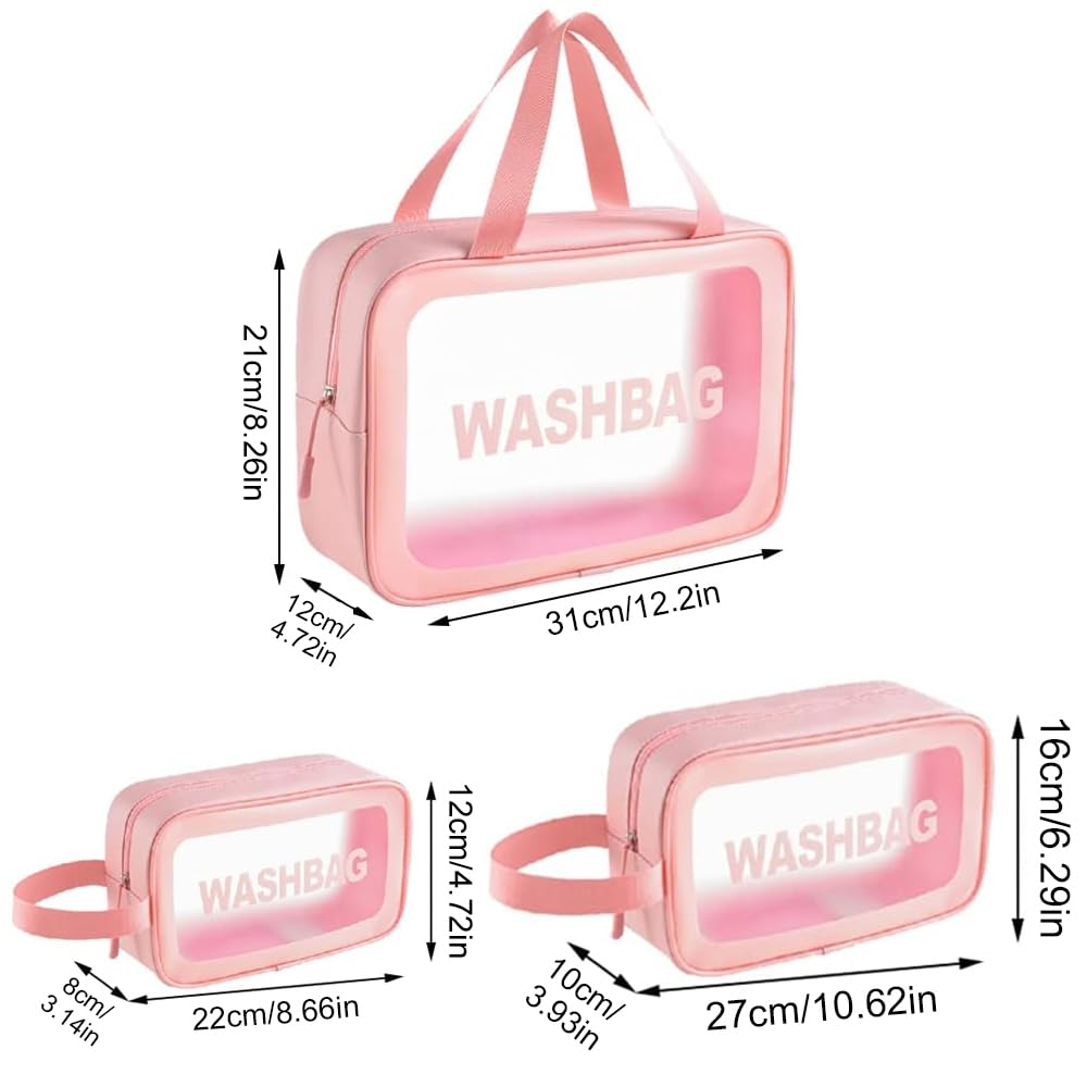 Beauty case trasparente, 3 pezzi, con maniglia per il trasporto
