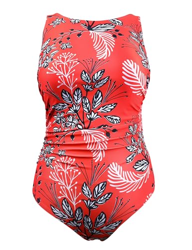 Maillot de bain une pièce armatures Hilor col haut galbant floral rouge 46