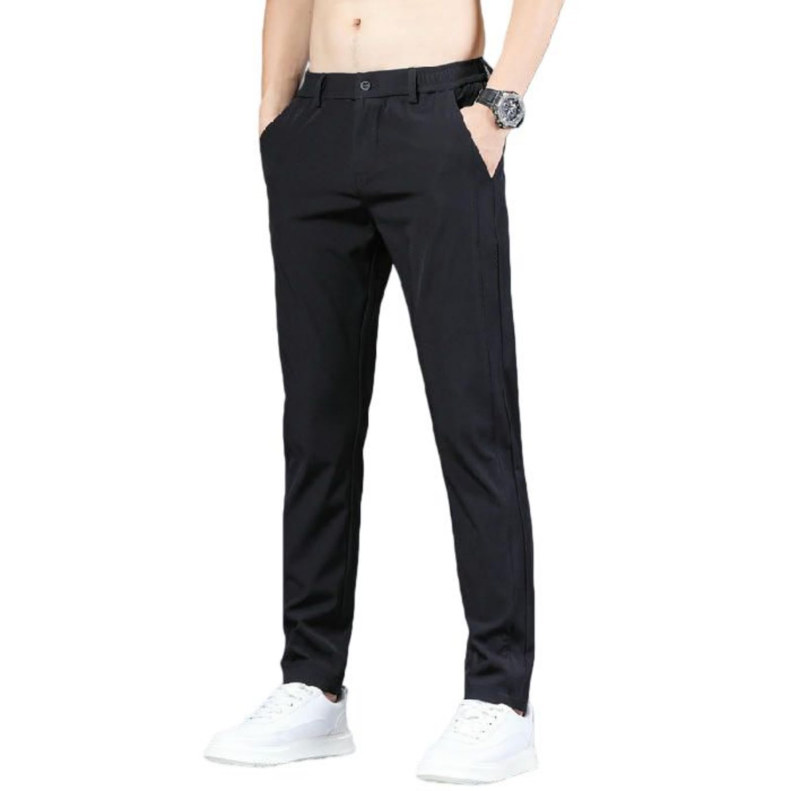 Pantaloni per il tempo libero da uomo primaverile estate gelato seta elastico in vita tinta unita, Nero , 44