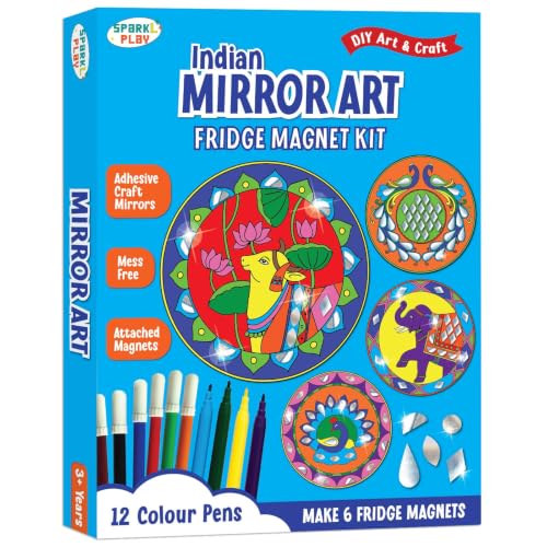 Image of SparkLPlay DIY Indian Mirror Art for Kids. Coloring Set with - 6 Magnetic Cutouts,12 Color Pens & 100+ Mirror Stickers. Creative Art & Craft. Mess Free. Gifts for Kids.