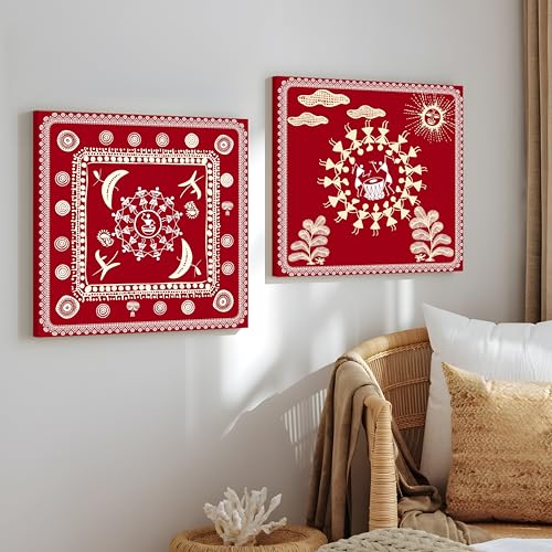 Image of PAINTINGMANTRA Villagers Celebrating Festival Warli Painting, Traditional Indian Maharashtra Warli Tribal Folk Wall Painting for Living Room, Home and Office Decor (Set of 2, 12x12 inch)