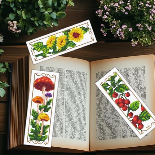 Image of INFUNLY 6PCS Flower Plants Cross Stitch Bookmark Kit for Adults Tulip Sunflower Cross Stitch Kits DIY Crossstitch Kit Green Leaf Stamped Embroidery Bookmark Kits with Instructions for Book Lovers