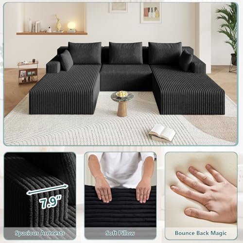Image of 107 inch U-Shape Cloud Couch, Modern Modular Sectional U-Shape Sofa, Corduroy Boneless Couch Upholstered Couches Deep Seat Sleeper Chaise Longue for Living Room, No Assembly Required, Black