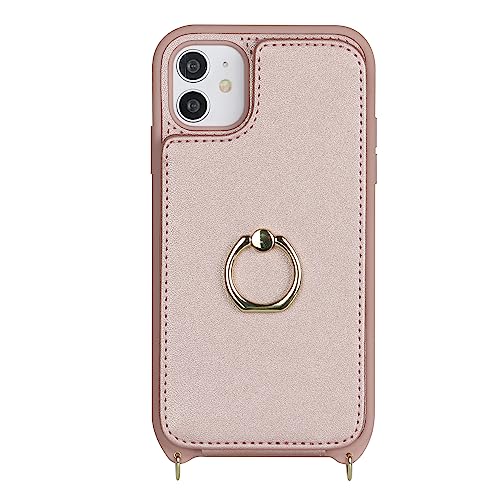 Image of for iPhone 11 Phone Case with Card Holder and Strap for Women,Crossbody Lanyard,RFID Blocking,Kickstand Ring Stand,Snap Clasp,Phone Wallet Cases 6.1 inch(Rose Gold)