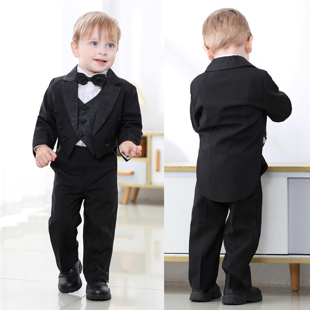 Dressy Daisy Boys Classic Fit Tuxedo Suit 5 Pieces Set Formal Wear Wedding Outfit with Vest, Black/White 011 - Image 6