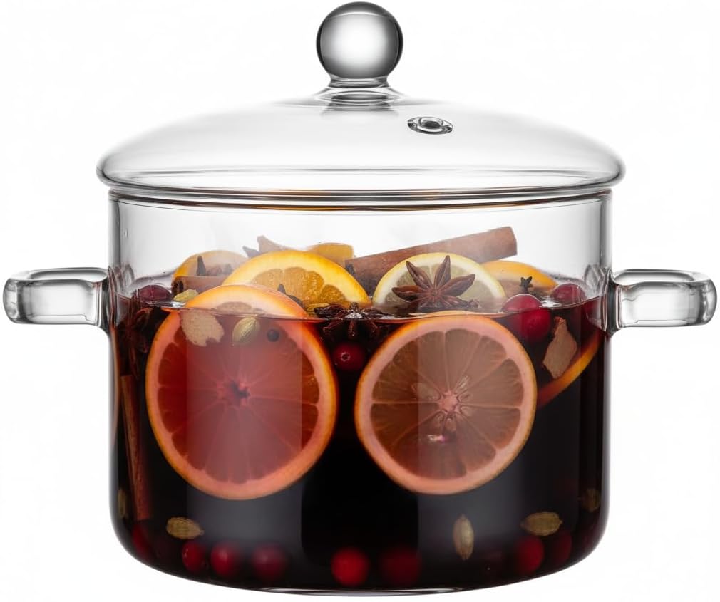Housoutil Borosilicate Glass Cooking Pot with Lid 1.35Qt Heat Resistant Soup Pot with Two Handles Clear Stovetop Glass Simmering for Noodles Baby Food Milk and Vegetable Soup
