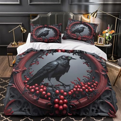 Housse de couette corbeau noir gothique microfibre parure lit 3D confortable 135x200cm pour single