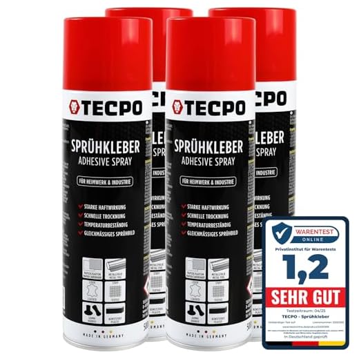 TECPO Sprühkleber 4x 500ml, Industriekleber, Stark haftend, Schnelle Trocknung, Hohe Temperaturbeständigkeit, Vielseitig für Textilien, Leder, Schaumstoffe, Dämmmaterialien, PVC, Papier
