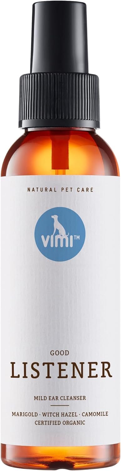 animaux vimi Ear Cleaner Good Listener - Ear Cleaner Spray for Sensitive Dog Ears - Ear Care with Camomile, Calendula & Witch Hazel - for Thorough & mild Cleaning - 3.38 Fl Oz