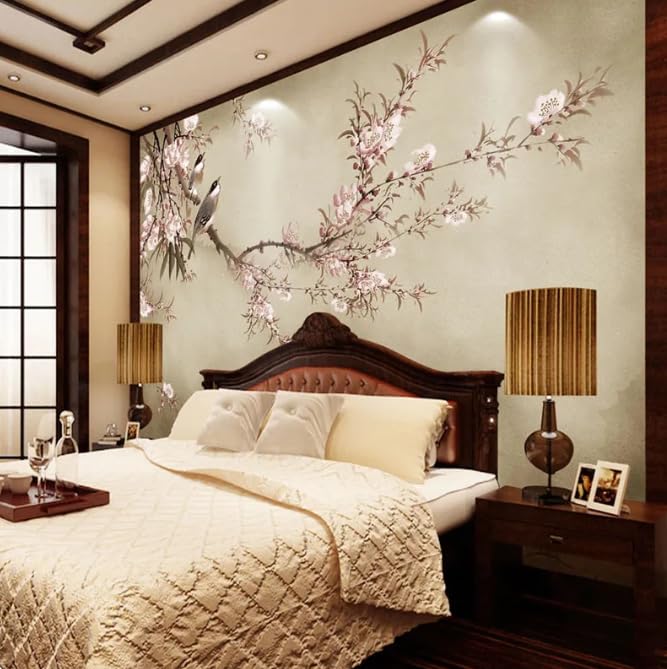Papier peint fleurs chinoises oiseaux 3D rose | Solution déco pour dynamiser un mur de salon - 2