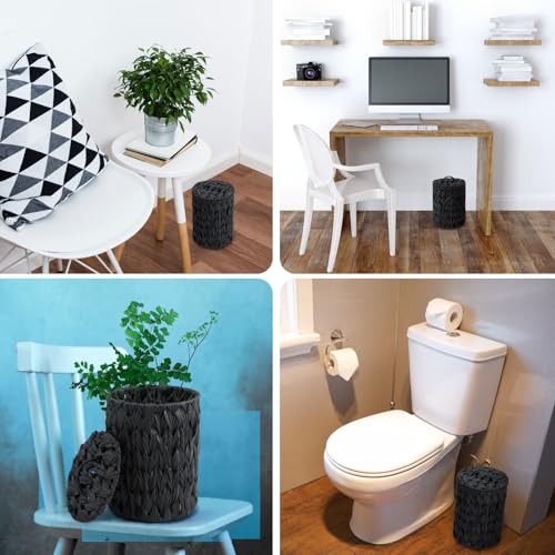 Image of Ctosree 1.3 Gallons Small Trash Can with Lid Handle Boho Woven Braided Bathroom Waste Basket Trash Can with 100 Garbage Bags for Bedroom Office Laundry(Braided Polypropylene, Black)
