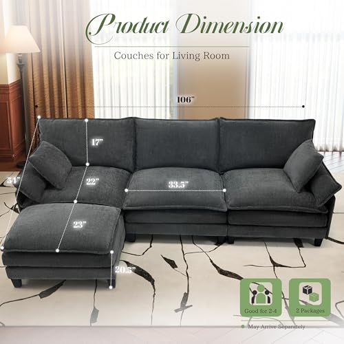 Image of 106 inch L Shaped Modular Sectional Cloud Couch, Modern Sofa with Ottoman, 4-Seat Deep Seat Sofa with Pillows for Living Room, Bedroom and Apartment, Grey