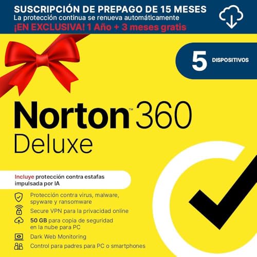 Norton 360 Deluxe 2025 |Antivirus 5 Dispositivos|15...