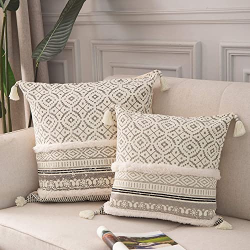 Image of Modern Homes Boho Tufted Decorative Throw Pillow Covers for Couch Sofa - Moroccan Style Cushion Covers with Tassels, Accent Decor Pillow for Bedroom Living Room (Grey, 16x16 inch)