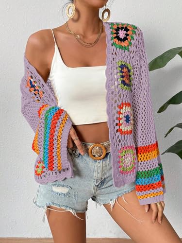 Image of SHENHE Women's Floral Crochet Cardigan Hollow Out Open Front Long Sleeve Cardigan Sweater