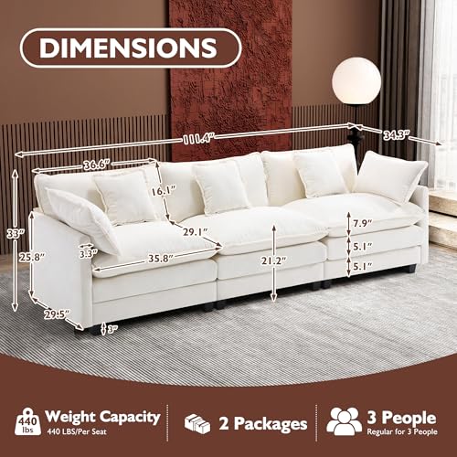 Image of Ihanherry 111.4 Inch 3-Seater Cloud Sofa, Modular Sectional Couch, Modern Deep Seat Sofa for Living Room, Comfy Double Layer Upholstered Seat Cushion, Breathable Chenille Fabric, Beige