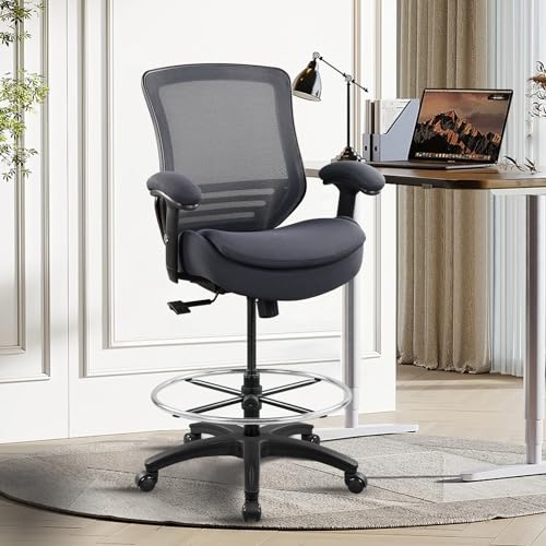 Image of 400lbs Wide Mid-Back Office Drafting Chair with Extra Seat Cushion for High Standing Desk with Lumbar Support and Enlarged Adjustable Footring(Gray)