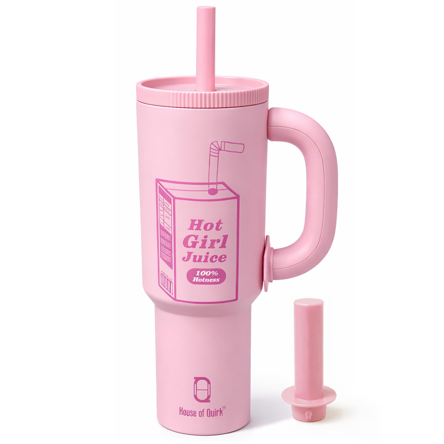 House of Quirk 1200ml Stainless Steel Tumbler with Handle, Straw & Straw Cap | Leakproof Water Bottle((Pink HotGirl Juice))