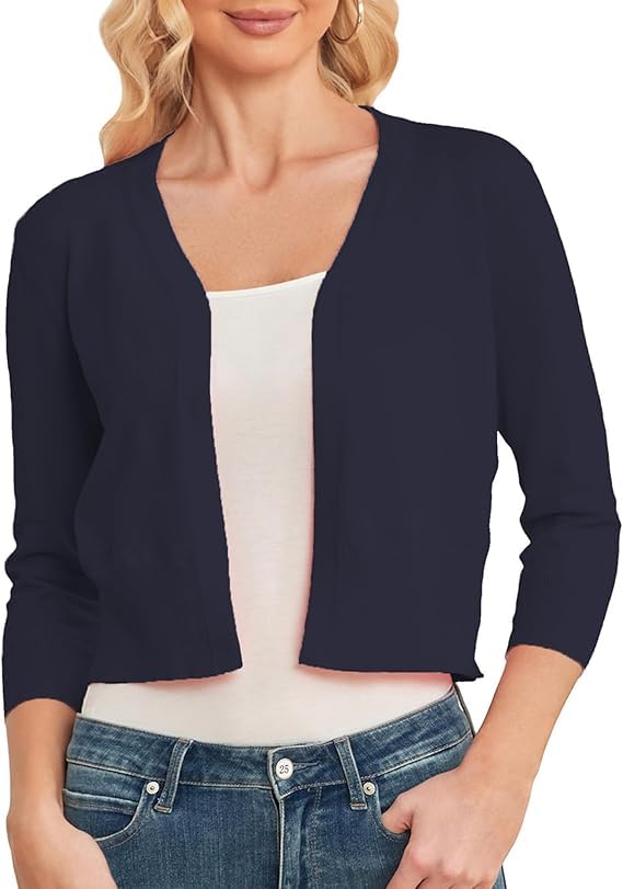 Bolero corto manga 3/4 mujer cárdigan torera punto ligero chaqueta abierta azul marino M
