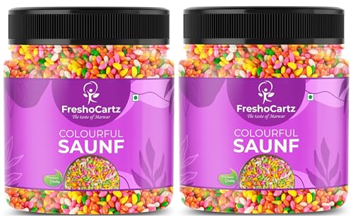 Image of FreshoCartz Sugar Coated Colourful Saunf | Sweet Colour Fennel Seeds For Cake Decoration | Mouthfreshner Fennel Saunf | Multicolour Saunf - Jar Pack (Sweet Fennel, 400g (Pack of 2))